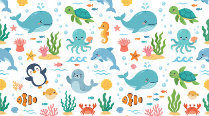 Obraz premium Cute Cartoon Underwater Animals Seamless Pattern - Whales, Dolphins, Turtles, Fish