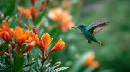 Obraz premium Green hummingbird hovering near bright orange lilies in garden. Wild bird flying and drinking nectar from flower. Wildlife nature photography, environmental conservation and spring concept.