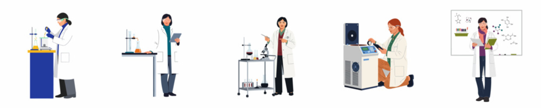 Set of female scientists working in a laboratory with various equipment, including microscopes, pipettes, and tablets, in a flat vector illustration style.