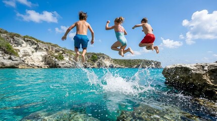 Fototapeta premium Happy Children Jumping Into Crystal Clear Water During a Fun Summer Beach Vacation