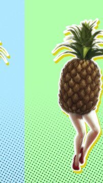 Seamless young vertical video of cartoon style walking pineapple with halftone effect . Stop motion surreal art with pastel colors background.