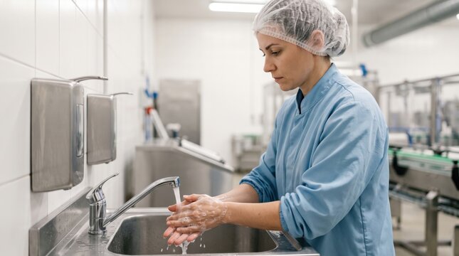 Female industrial worker washing hands with soap under running water in factory sink, hygiene compliance and safety procedure in food production line