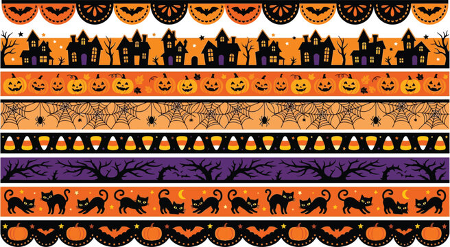 A festive decorative border set featuring happy halloween lettering calligraphy with spooky silhouettes of pumpkins bats cats and haunted house designs