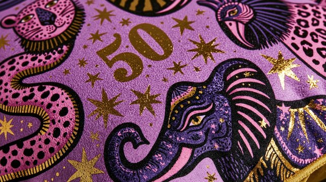 Festive pattern features stylized animals and golden numerals on a purple background.