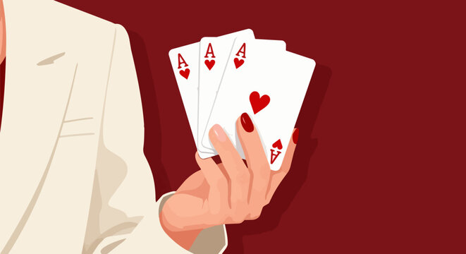 Elegant woman holding three aces playing cards, female hand with red nails showing winning poker hand, casino gambling vector illustration