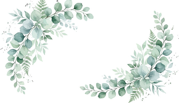 Watercolor eucalyptus and fern foliage frame border for wedding invitation card design on white background vector