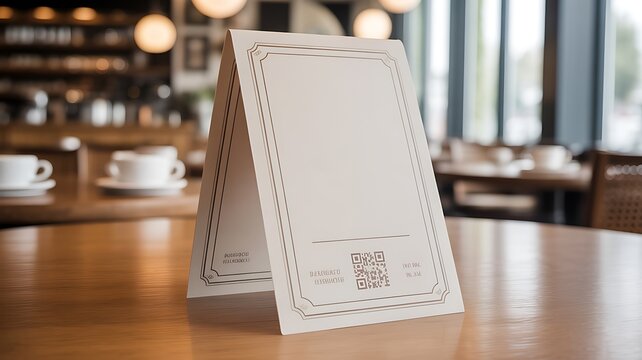 tent card Restaurant display blank menu mockup in cafe ideal for branding, promotions, copy space specials, table reservations, QR info