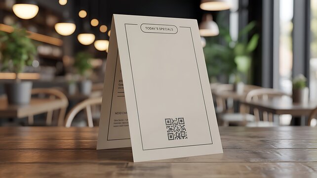 tent card Restaurant display blank menu mockup in cafe ideal for branding, promotions, copy space specials, table reservations, QR info