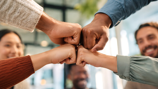 Multicultural business colleagues joining fists in modern office representing teamwork inclusion unity trust collaboration motivation partnership support and shared professional success goals together