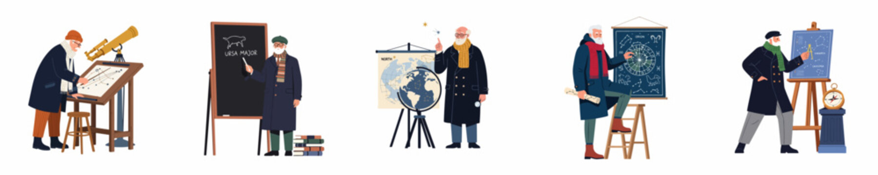 Set of elderly male astronomers and navigators studying stars, constellations, and celestial maps using various tools and charts on a white background.