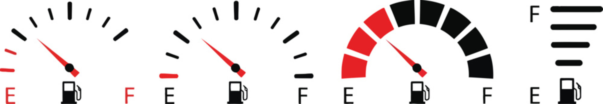 Fuel gauge indicator icons showing various levels of gasoline tank capacity