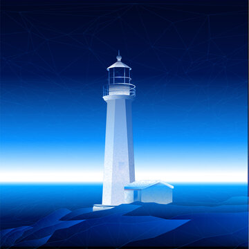 Futuristic low poly lighthouse vector illustration with glowing blue polygon mesh on sea coast