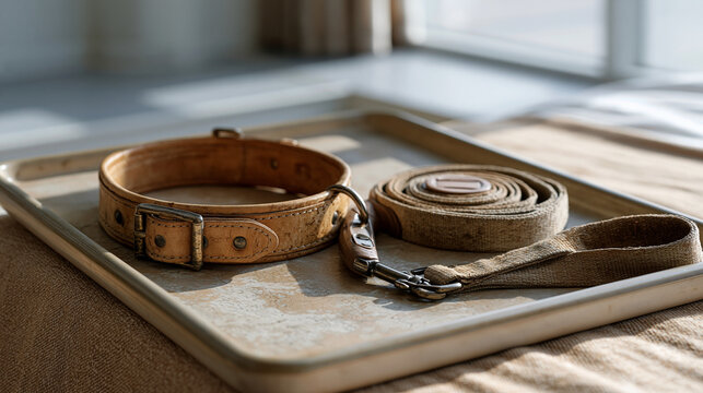 Vintage leather dog collar and well-worn retractable leash arranged on a hospital bedside tray table, senior pet ownership memory still life with soft diffused ward lighting,