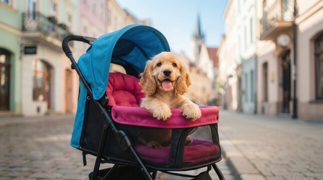 A cheerful small dog relaxes in a colorful pet stroller on a vibrant urban street.