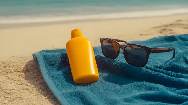 Sunscreen bottle and sunglasses on a blue beach towel for a relaxing summer bank holiday weekend getaway