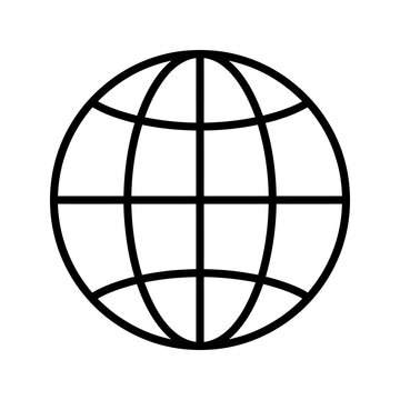 Globe outline icon with latitude and longitude lines on transparent.