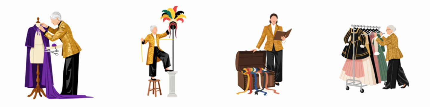 Set of flat illustrations featuring professional female costume designers working on theatrical outfits, measuring headdresses, and managing theater wardrobes.