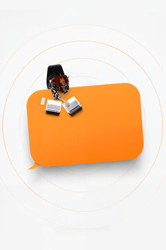 Top view of person with devices on orange speech bubble and circular background. Concept of social media reach, digital audience engagement, online announcement campaign.