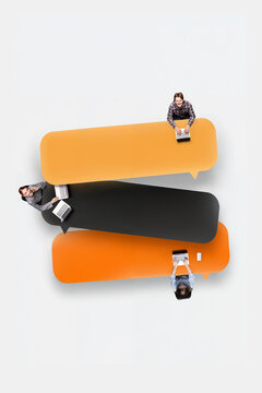 Three people arranged around stacked orange and black speech bubbles. Concept of multichannel customer dialogue, comment thread design, community response management.
