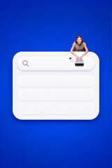 Woman using laptop above search interface with blank result fields on blue background. Concept of internet search experience, digital research platform, information discovery.