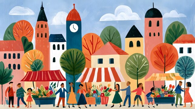 gouache illustration of German Unity Day festival with joyful families, traditional markets, historic buildings and colorful autumn scenery, expressive brush textures, contemporary folk art style