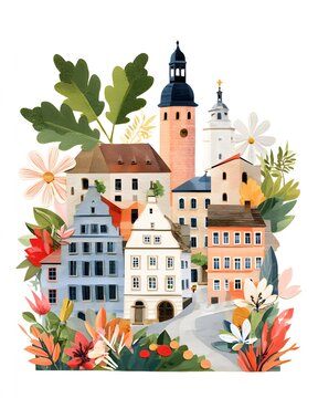 paper collage illustration featuring German cultural celebration with oak leaves, medieval architecture, flower gardens and elegant European streets, handcrafted layered artwork