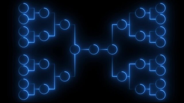 Glowing blue tournament bracket diagram, digital competition tree chart for sports or business strategy presentation