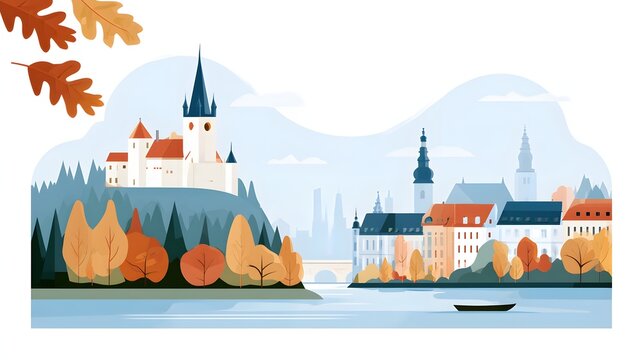premium flat vector illustration of German Unity Day featuring castles, oak branches, forests, rivers and classic European architecture, clean editorial vector style