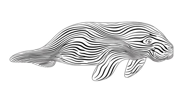 Abstract line art dugong illustration white background.