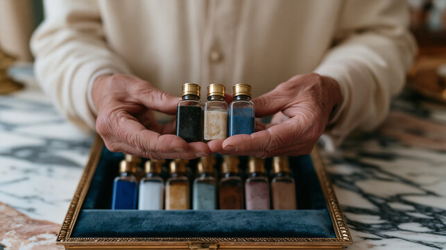 Close up of a perfumer's aged hands cradling glass sample vials above a velvet tray in a marble-topped luxury atelier, fragrance development process detail, senior community