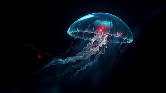 Glowing jellyfish underwater with translucent body and vibrant bioluminescent lights in dark ocean