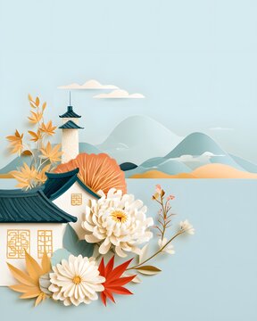 paper collage illustration of Korean cultural celebration with hanok rooftops, chrysanthemums, maple leaves, mountains and elegant traditional patterns, handcrafted layered composition