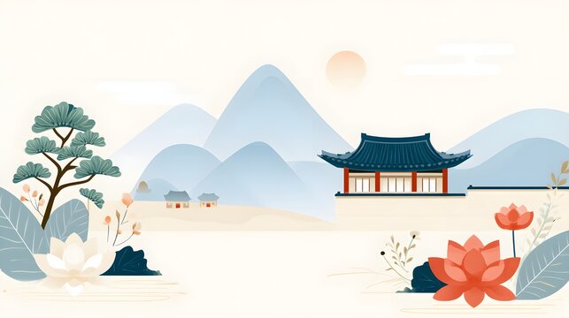 premium flat vector illustration of South Korea National Foundation Day featuring hanok architecture, pine trees, mountains, lotus flowers and elegant Korean decorative patterns, clean editorial