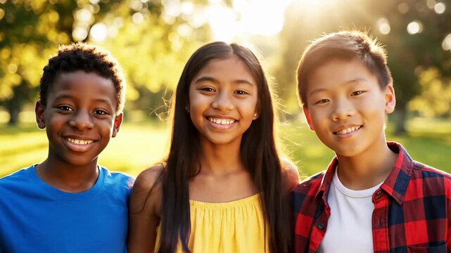 Happy Multicultural Children Smiling Together Outdoors in Sunny Park
