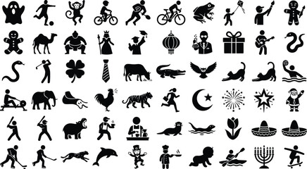 Fototapeta premium Set of various black silhouette icons depicting people animals objects and activities in a flat minimalist style for web design and creative graphic projects
