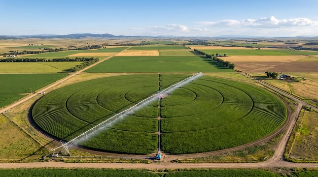 Aerial view of a center pivot irrigation system watering circular crops on a farm.
