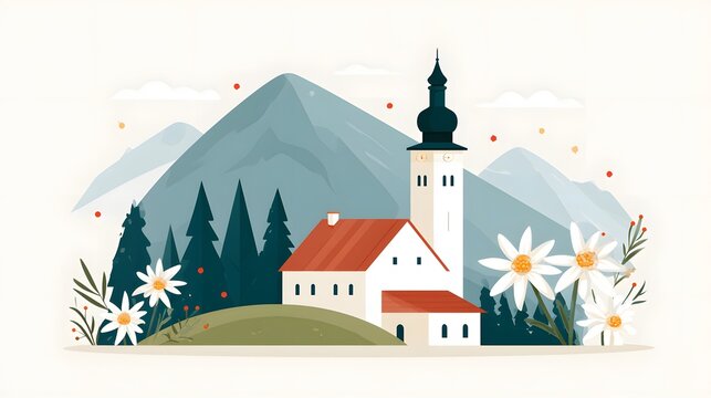 premium flat vector illustration of Austria National Day featuring Alpine mountains, Edelweiss flowers, pine forests, historic architecture and elegant decorative elements, clean editorial design