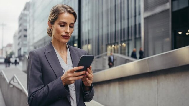 Confident businesswoman using smartphone outdoors in modern city urban environment