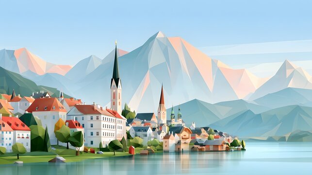 low poly digital illustration of Austria featuring Vienna skyline, Alpine mountains, crystal lakes and medieval villages, geometric contemporary artwork with vibrant colors
