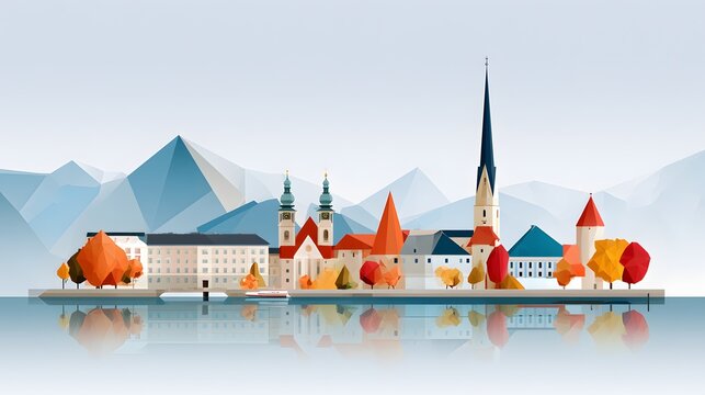 low poly digital illustration of Austria featuring Vienna skyline, Alpine mountains, crystal lakes and medieval villages, geometric contemporary artwork with vibrant colors