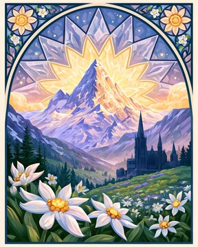 stained glass inspired illustration featuring Alpine mountains, Edelweiss flowers, cathedral silhouettes and decorative geometric floral patterns, glowing artistic style