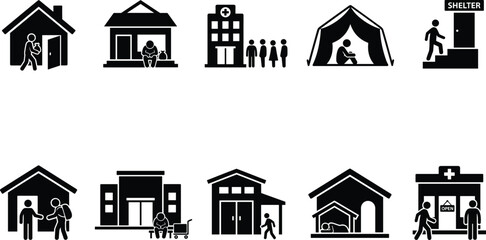 Obraz premium Housing facility icons, community shelter illustration, healthcare building graphics, social service design, residential support concept, medical and housing aid
