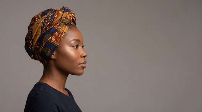 Elegant African Woman in Traditional Patterned Headwrap & Gold Hoops