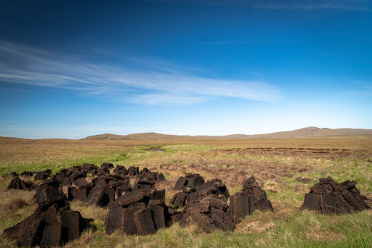 A warm, sunny HDR landscape image of freshly dug peat drying in the summer sunshine in Strathnaver, Sutherland, Scotland