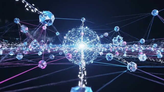 Futuristic Digital Network with Connected Nodes and Glowing Data Visualization