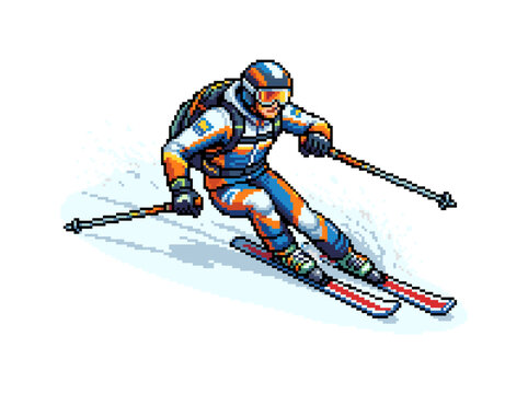 Skier carving snow on slopes pixel art