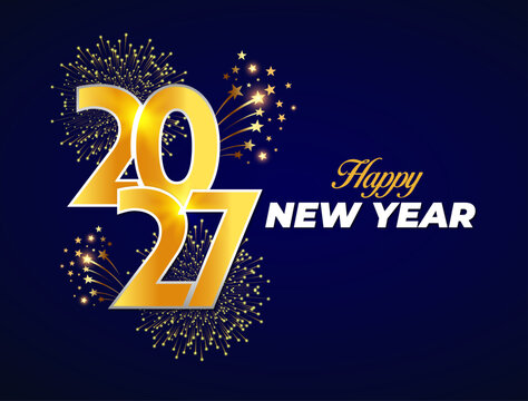 Luxury Golden Happy New Year 2027 Typography with Fireworks on Dark Blue Background