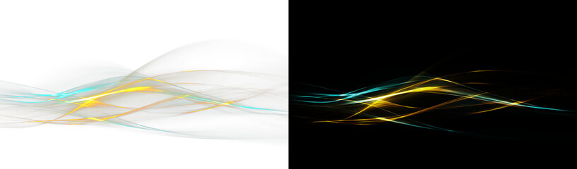 Fototapeta premium Abstract golden and blue lens flare arc element set on white and black background.Futuristic curved optical light streak banner set. Modern minimal glowing light ray effect set