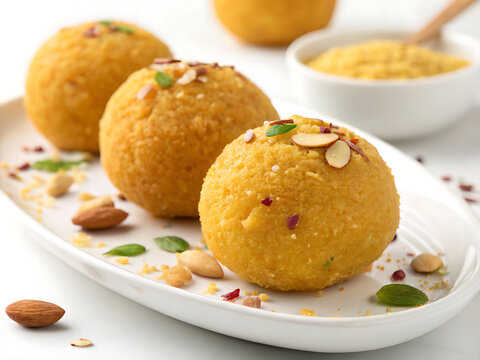 crispy golden Laddu (Besan Laddu), perfectly round, rich saffron yellow