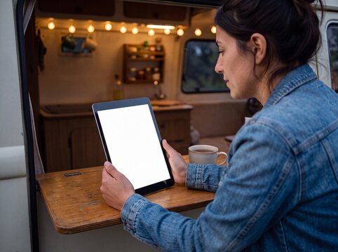 Nahaufnahme &uuml;ber die Schulter einer jungen Frau mit Tablet im gem&uuml;tlichen Campervan bei Kaffee am Abend